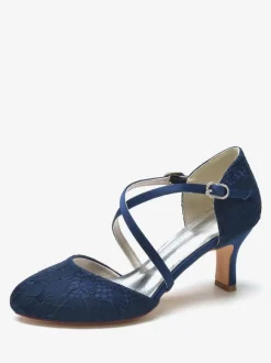 Women's Bridal Shoes Lace Deep Blue Round Toe Rhinestones Chunky Heel Bridal Shoes