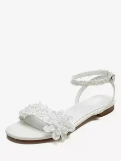 Women's Bridal Shoes Lace Open Toe Flowers Detail Ankle Strap Wedding Shoes