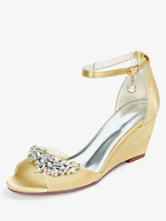 Women's Bridal Shoes Rhinestones Ankle Strap Wedge Sandals