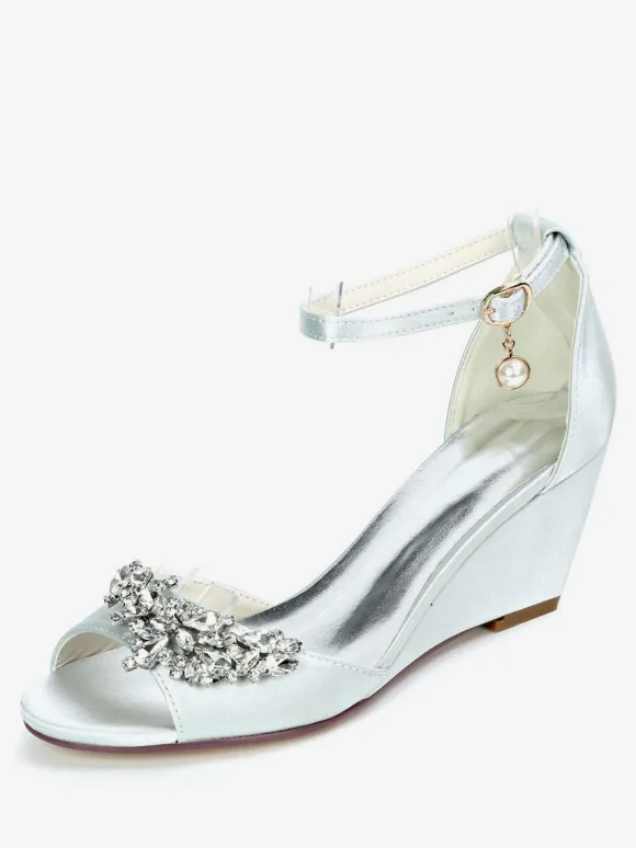 Women's Bridal Shoes Rhinestones Ankle Strap Wedge Sandals
