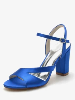 Women's Bridal Shoes Satin Deep Blue Peep Toe Chunky Heel Bridal Shoes