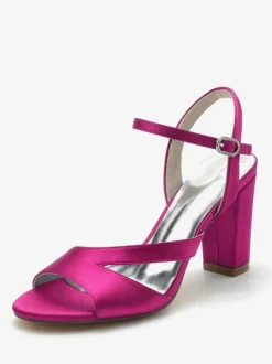 Women's Bridal Shoes Satin Deep Blue Peep Toe Chunky Heel Bridal Shoes
