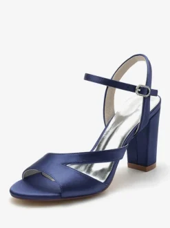 Women's Bridal Shoes Satin Deep Blue Peep Toe Chunky Heel Bridal Shoes