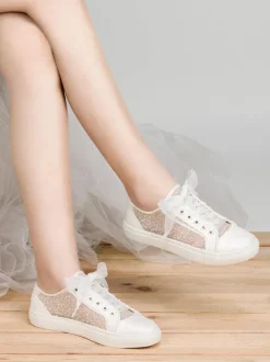 Women's Bridal Sneaker Shoes Metal Details Lace Round Toe Flat Wedding Shoes