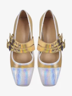Women's Buckle Multicolor Square Toe PU Leather Ballet Flats In