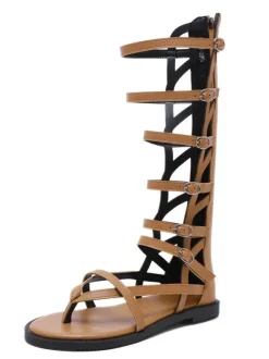 Women's Buckles Mid Caif Gladiator Sandals in Black Vegan Leather