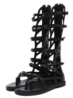 Women's Buckles Mid Caif Gladiator Sandals in Black Vegan Leather