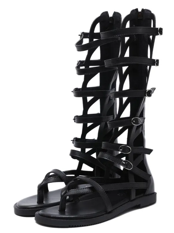 Women's Buckles Mid Caif Gladiator Sandals in Black Vegan Leather