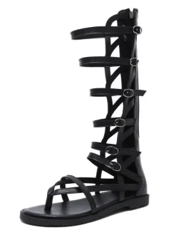 Women's Buckles Mid Caif Gladiator Sandals in Black Vegan Leather
