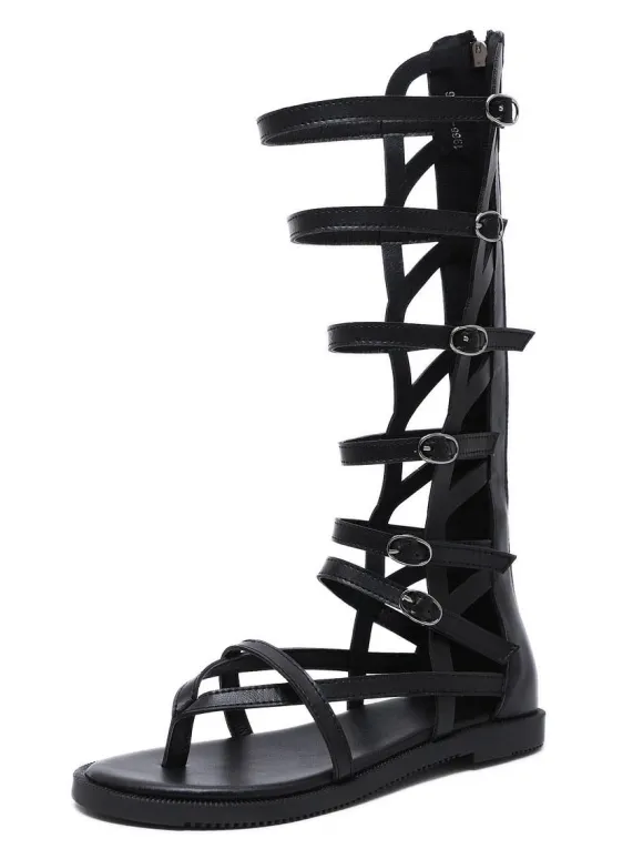Women's Buckles Mid Caif Gladiator Sandals in Black Vegan Leather