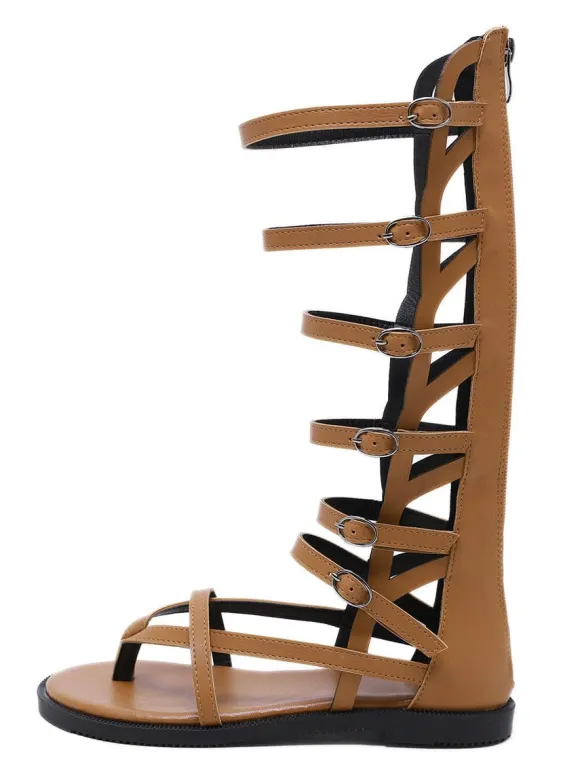 Women's Buckles Mid Caif Gladiator Sandals in Black Vegan Leather