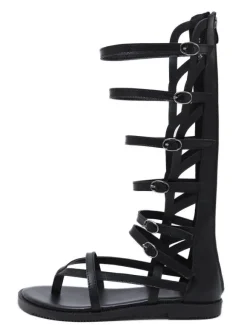 Women's Buckles Mid Caif Gladiator Sandals in Black Vegan Leather