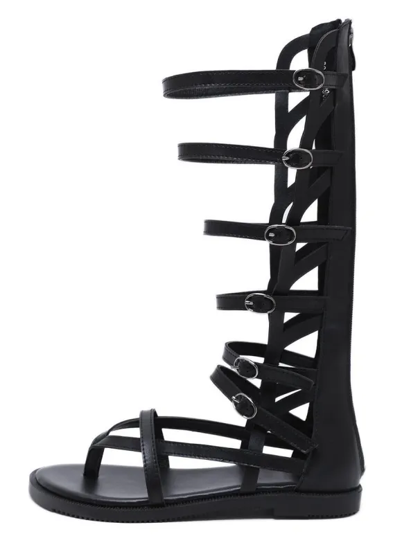 Women's Buckles Mid Caif Gladiator Sandals in Black Vegan Leather