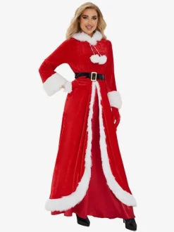Women's Christmas Dress Red Polyester Fiber Gloves Dress Sash Polyester Two-Tone Christmas Holidays Costumes