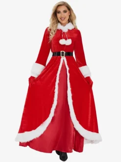 Women's Christmas Dress Red Polyester Fiber Gloves Dress Sash Polyester Two-Tone Christmas Holidays Costumes