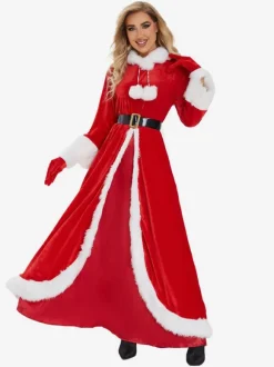Women's Christmas Dress Red Polyester Fiber Gloves Dress Sash Polyester Two-Tone Christmas Holidays Costumes