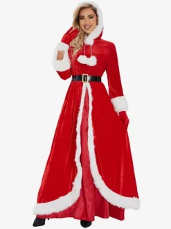 Women's Christmas Dress Red Polyester Fiber Gloves Dress Sash Polyester Two-Tone Christmas Holidays Costumes