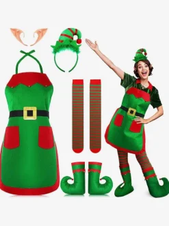 Women's Christmas Set Green Polyester Fiber Headwear Knee-high Socks Apron Polyester Two-Tone Christmas Holidays Costumes