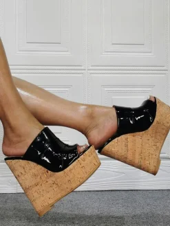 Women's Cork Wedge Mule Sandals in Patent Leather