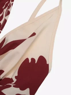 Women's Cream Burgundy Floral Print Spaghetti Strap Maxi Dress Deep V Neck Flowy Summer Beach Dress