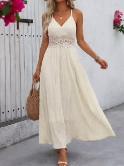 Women's Cream White Lace Waist Spaghetti Strap Maxi Dress V Neck Flowy Summer Beach Dress