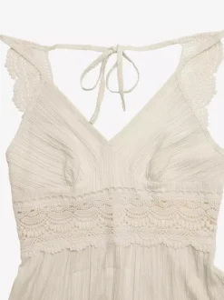 Women's Cream White Lace Waist Spaghetti Strap Maxi Dress V Neck Flowy Summer Beach Dress
