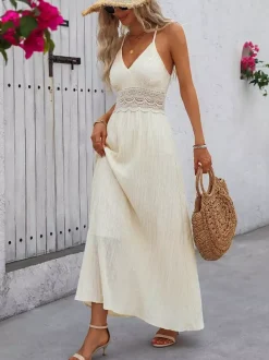 Women's Cream White Lace Waist Spaghetti Strap Maxi Dress V Neck Flowy Summer Beach Dress