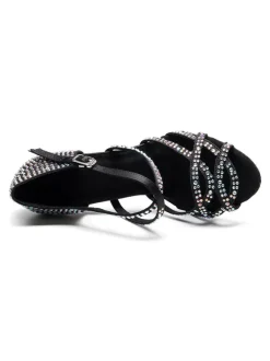 Women's Customized Latin Dance Shoes Black Open Toe Luxury Rhinestones Ballroom Dance Shoes