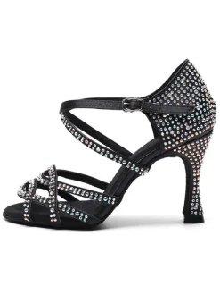 Women's Customized Latin Dance Shoes Black Open Toe Luxury Rhinestones Ballroom Dance Shoes