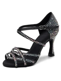Women's Customized Latin Dance Shoes Black Open Toe Luxury Rhinestones Ballroom Dance Shoes