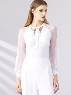 Womens Dance Dress Mesh Long Sleeves Ribbon Neckline Ballroom Dance Costumes