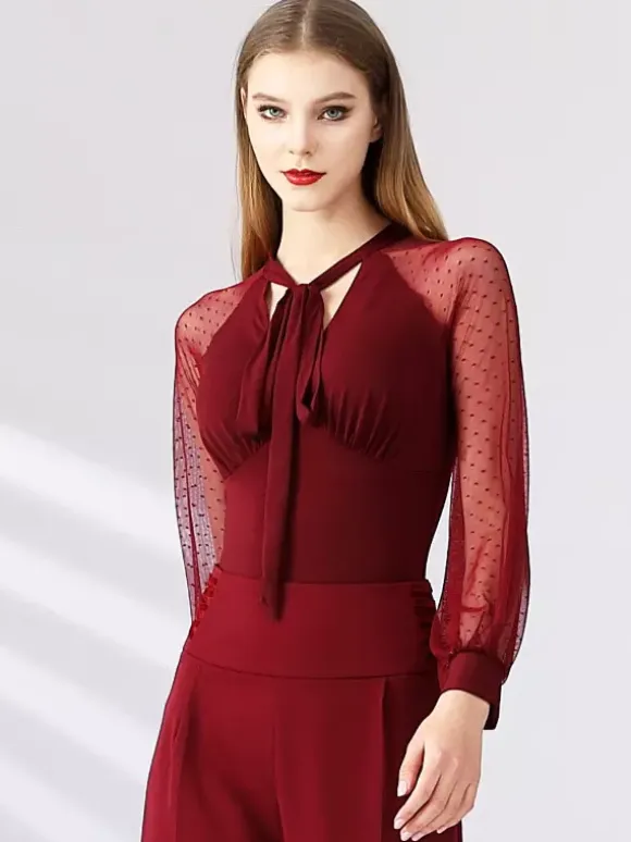 Womens Dance Dress Mesh Long Sleeves Ribbon Neckline Ballroom Dance Costumes