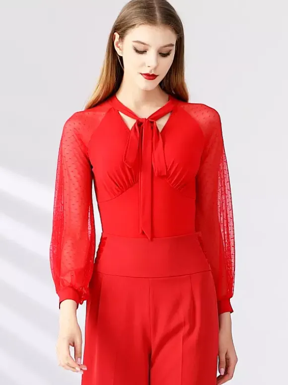 Womens Dance Dress Mesh Long Sleeves Ribbon Neckline Ballroom Dance Costumes
