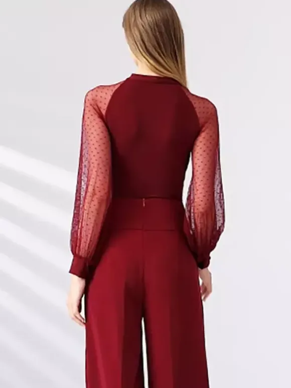 Womens Dance Dress Mesh Long Sleeves Ribbon Neckline Ballroom Dance Costumes