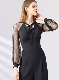 Womens Dance Dress Mesh Long Sleeves Ribbon Neckline Ballroom Dance Costumes