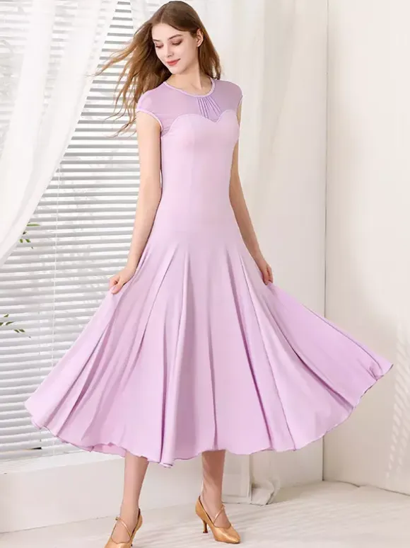 Womens Dance Dress Mesh Round Collar Short Sleeves Pleated Skirt Ballroom Dance Costumes