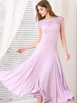 Womens Dance Dress Mesh Round Collar Short Sleeves Pleated Skirt Ballroom Dance Costumes