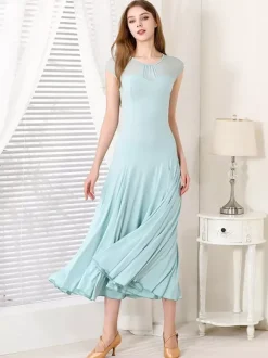 Womens Dance Dress Mesh Round Collar Short Sleeves Pleated Skirt Ballroom Dance Costumes