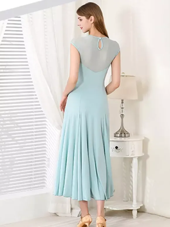 Womens Dance Dress Mesh Round Collar Short Sleeves Pleated Skirt Ballroom Dance Costumes