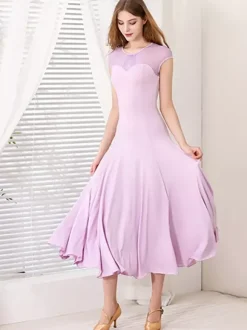 Womens Dance Dress Mesh Round Collar Short Sleeves Pleated Skirt Ballroom Dance Costumes