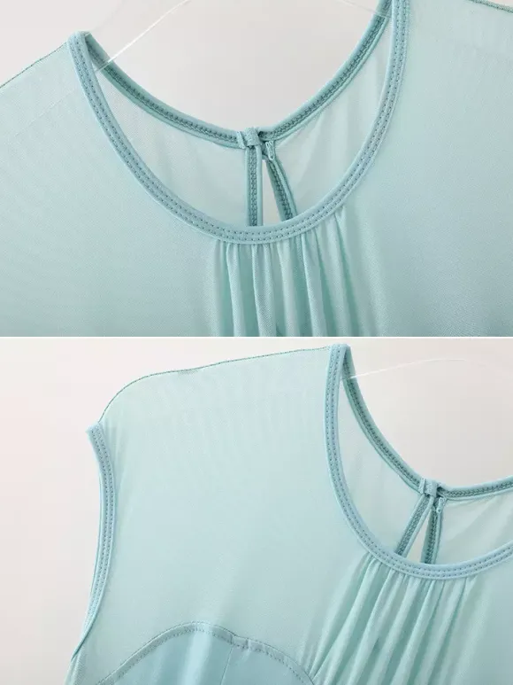 Womens Dance Dress Mesh Round Collar Short Sleeves Pleated Skirt Ballroom Dance Costumes