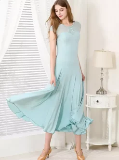 Womens Dance Dress Mesh Round Collar Short Sleeves Pleated Skirt Ballroom Dance Costumes