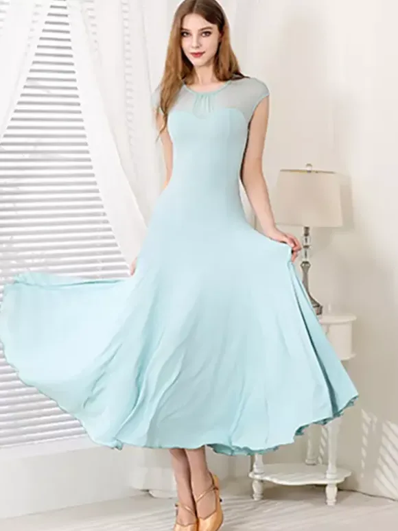 Womens Dance Dress Mesh Round Collar Short Sleeves Pleated Skirt Ballroom Dance Costumes