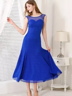 Womens Dance Dress Round Collar Sleeveless Mesh Ballroom Dance Costumes