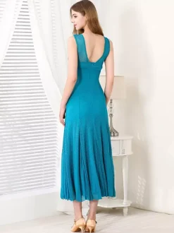 Womens Dance Dress Round Collar Sleeveless Mesh Ballroom Dance Costumes