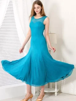 Womens Dance Dress Round Collar Sleeveless Mesh Ballroom Dance Costumes