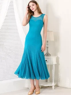 Womens Dance Dress Round Collar Sleeveless Mesh Ballroom Dance Costumes