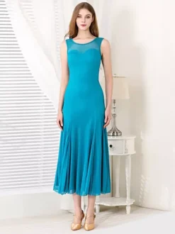Womens Dance Dress Round Collar Sleeveless Mesh Ballroom Dance Costumes