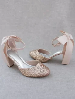 Women's Dress Pumps Glitter Bows Chunky Heel Pumps