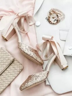 Women's Dress Pumps Glitter Bows Chunky Heel Pumps